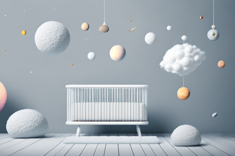 A serene nursery room with a mobile of solar system elements hanging over a crib